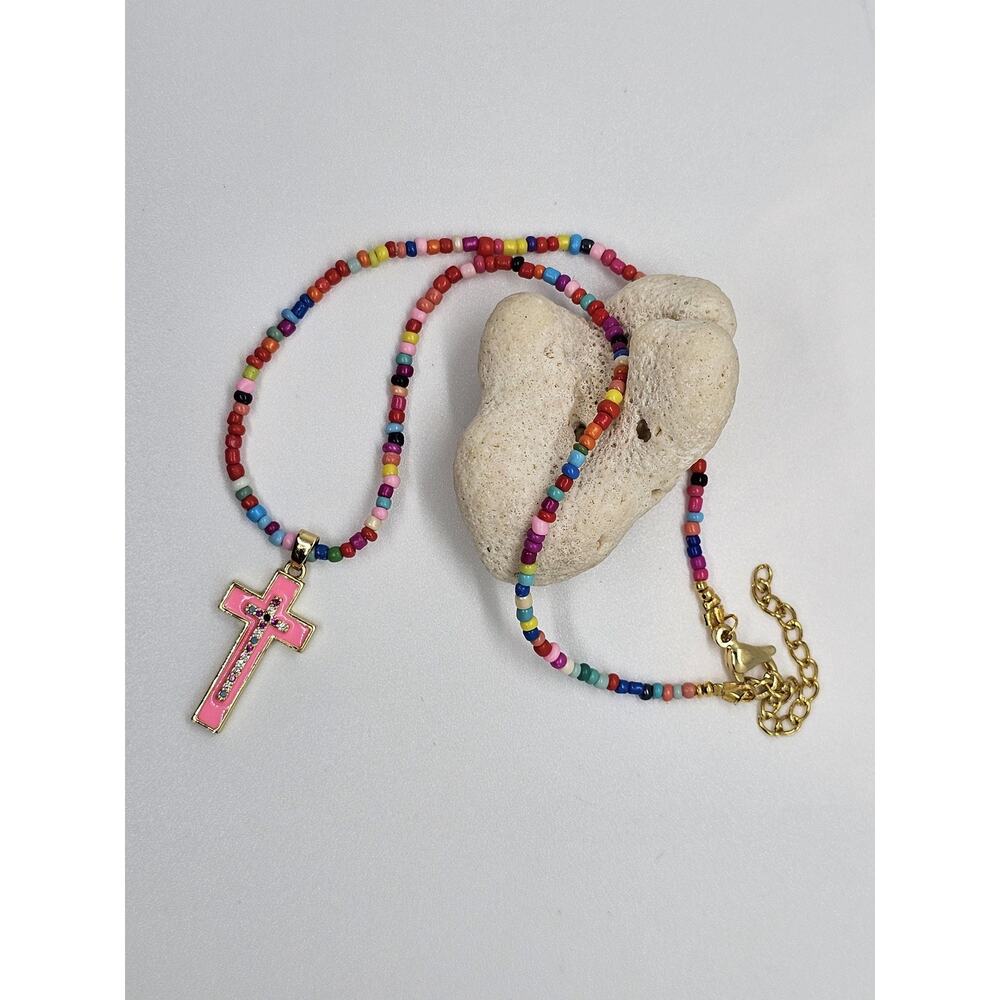 Pink Cross Necklace Pendant Beaded Adjustable Chain Dainty for Child or Adult